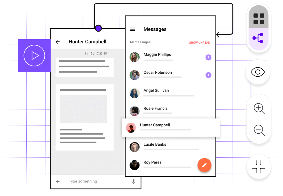 Low-fidelity app prototype screens with design icons
